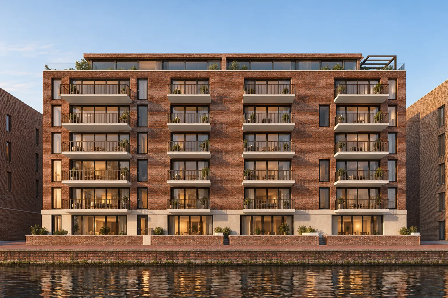 South facade of Lumervaart with all homes, seen across the canal from the opposite quay — illustrative visualisation