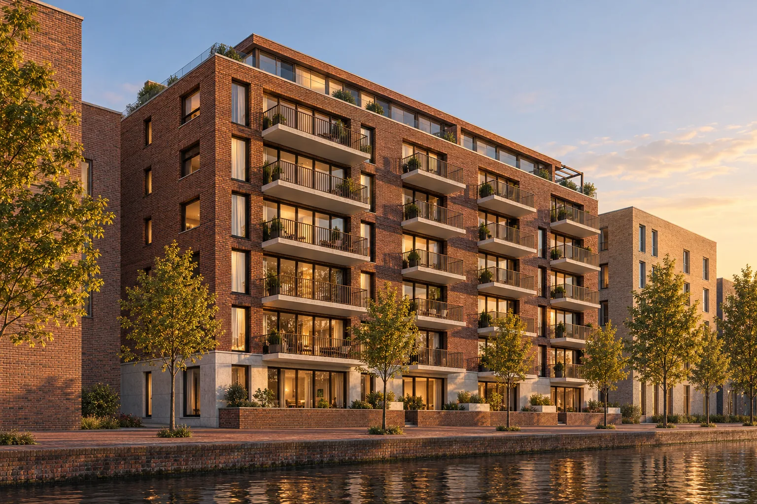 Lumervaart at golden hour: a seven-storey brick apartment building with balconies on a canal quay lined with young trees — illustrative visualisation