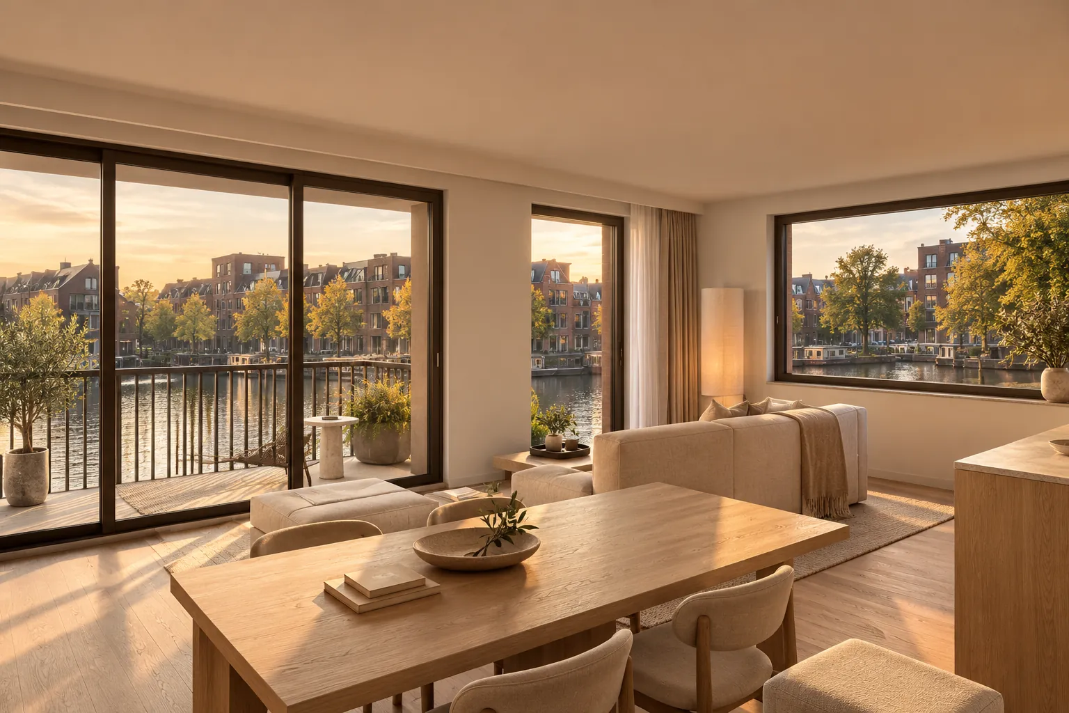 Living room of a three-bedroom corner home opening onto the balcony above the canal — illustrative visualisation