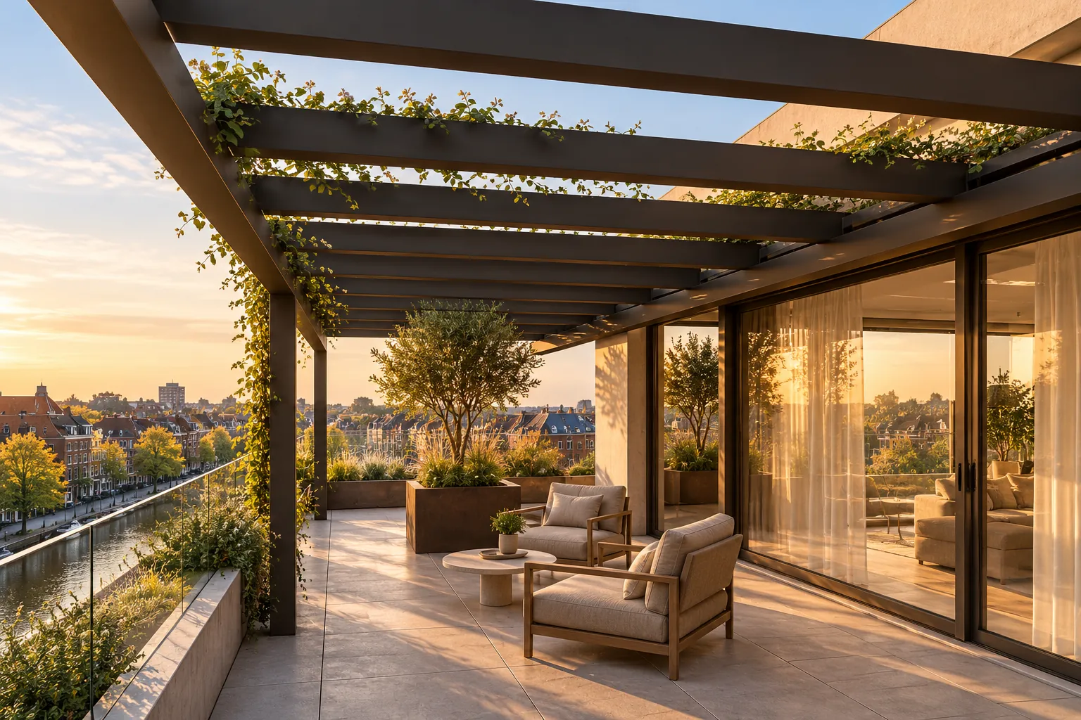 Penthouse roof terrace with pergola and planting above the canal — illustrative visualisation